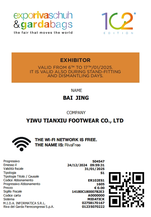 Tianxiu -Schuhe zur Teilnahme an den Exporivaschuh & Gardabags in Italien